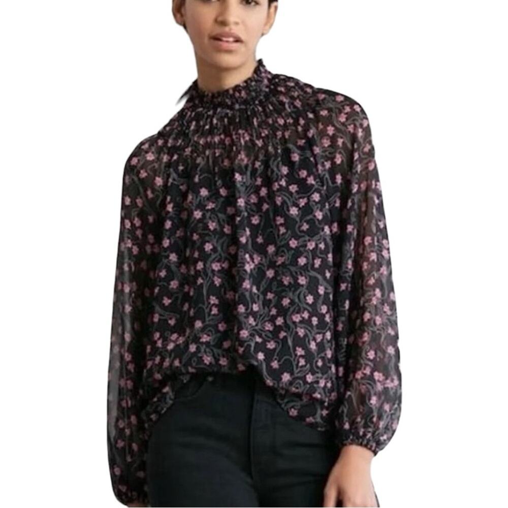 Elizabeth & James Black Pink Chiffon Floral Long Sleeve Smocked Blouse LARGE